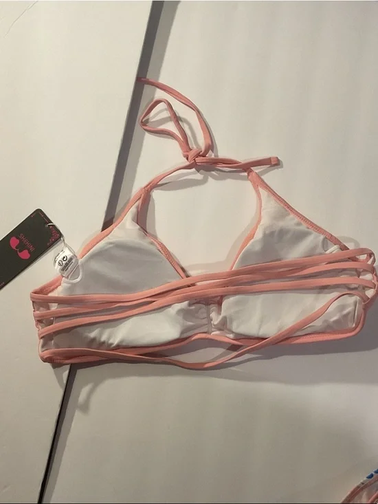 NWT Women’s Pink Halter Bikini Top with Floral Strappy Bottoms - Picture 3 of 8